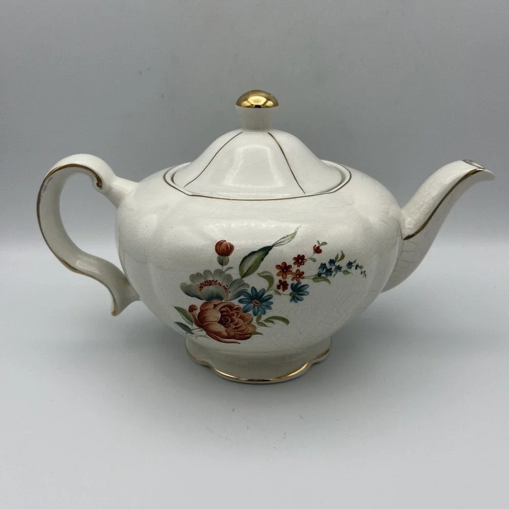 Vintage Ellgreave Wood & Sons Teapot Lid Floral Gold Trim Heatmaster England 4 C